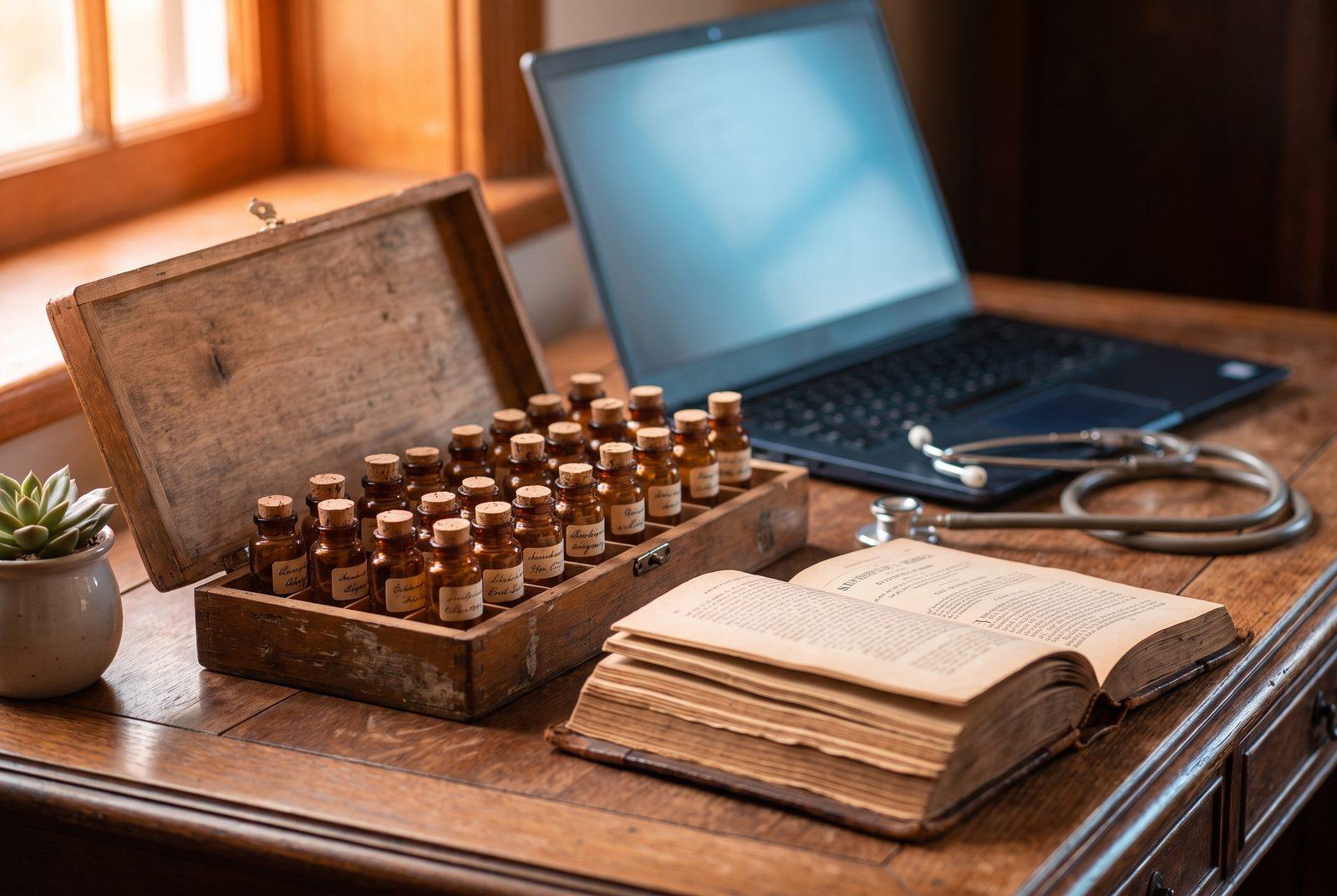 A homeopathy doctor's desk with an antique case of medicine vials, a materia medica book, a stethoscope, and a laptop