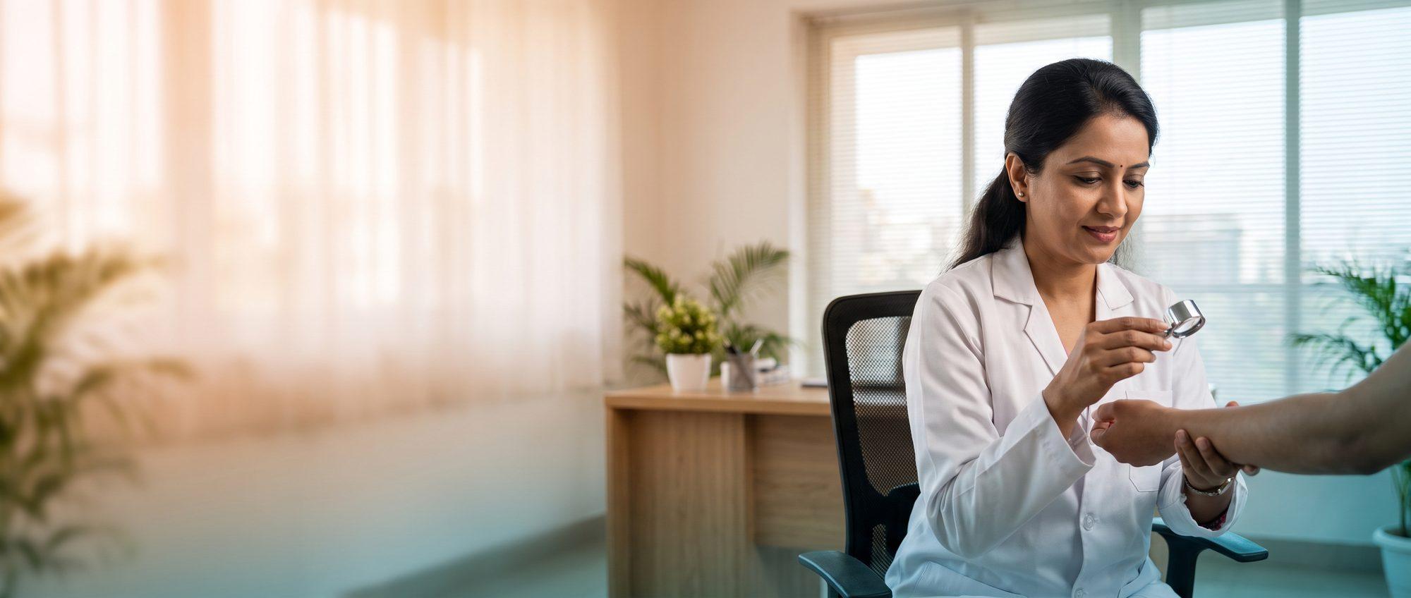 Homeopathy doctor examining a patient’s skin with a magnifying loupe