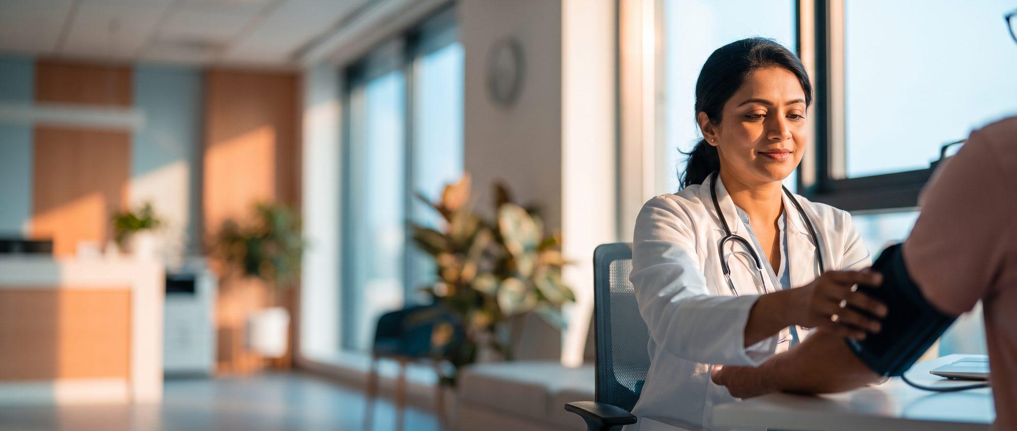 Homeopathy doctor checking a patient’s blood pressure