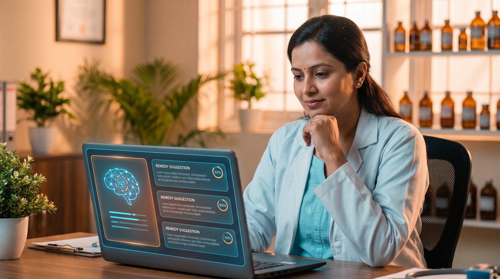 Homeopathy doctor reviewing AI remedy suggestions with confidence scores on her laptop