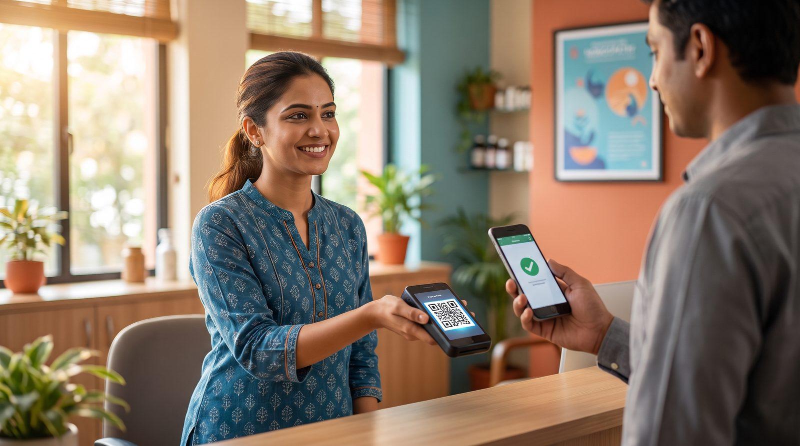 Clinic receptionist processing a QR code payment for a patient