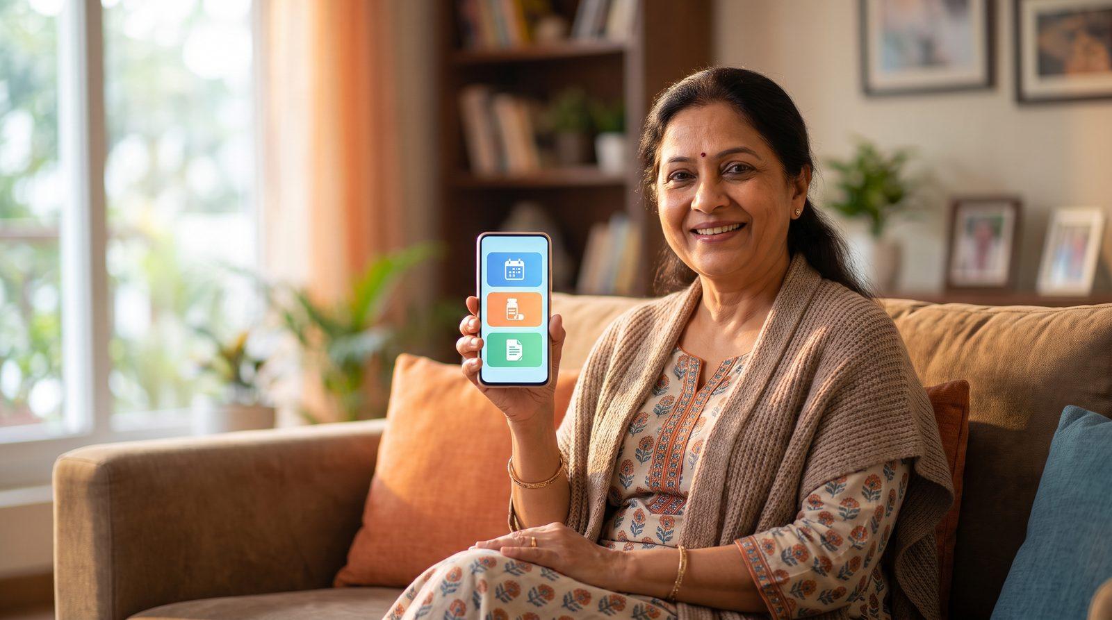 Patient smiling while viewing her patient portal app on her phone at home