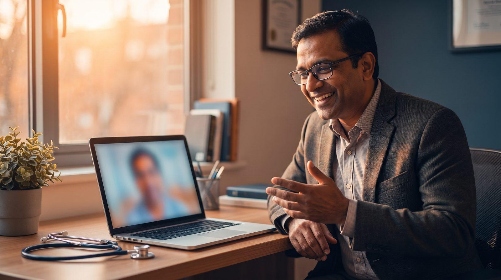 Homeopathy doctor smiling during a video consultation with a patient