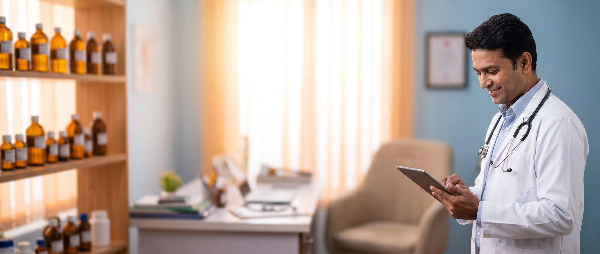 Homeopathy doctor reviewing patient records on a tablet in his consultation room, homeopathy medicine bottles on the shelf behind him