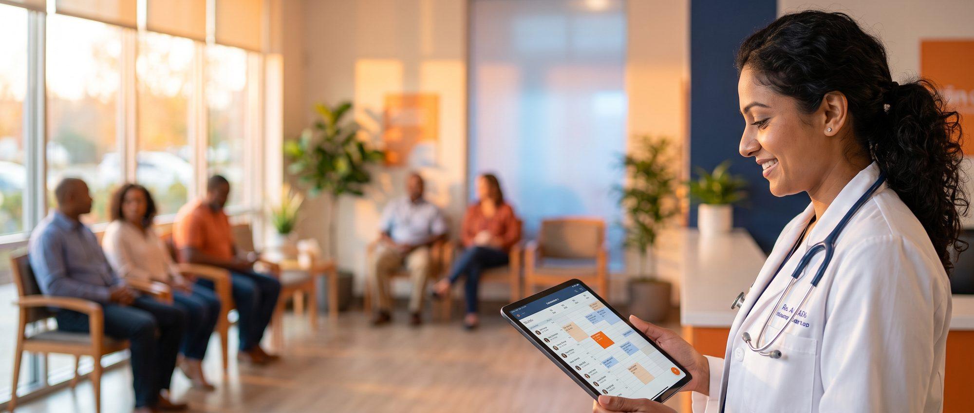 Smiling homeopathy doctor reviewing a full patient appointment schedule on a tablet, with a busy waiting room behind her — homeopathy clinic management software