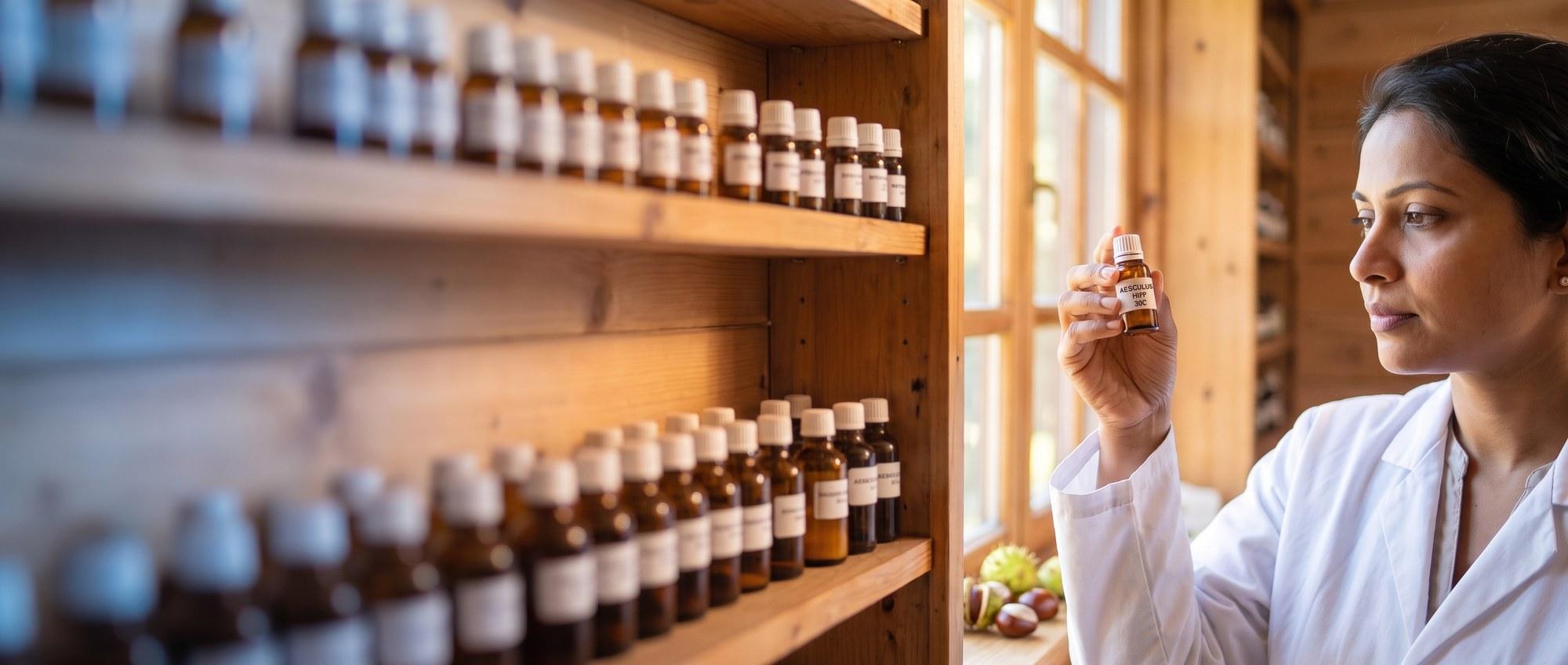 Homeopathy doctor examining a labeled Aesculus Hippocastanum 30C remedy vial with horse-chestnut (conker) nuts with their spiky husks, apothecary shelf of medicine bottles in the background