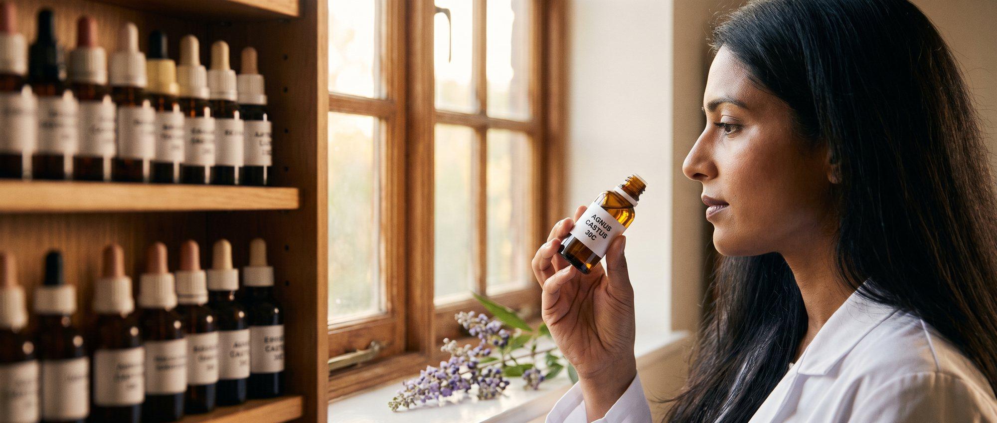 Homeopathy doctor examining a labeled Agnus Castus 30C remedy vial with a chaste-tree (vitex) flower spike with small berries, apothecary shelf of medicine bottles in the background