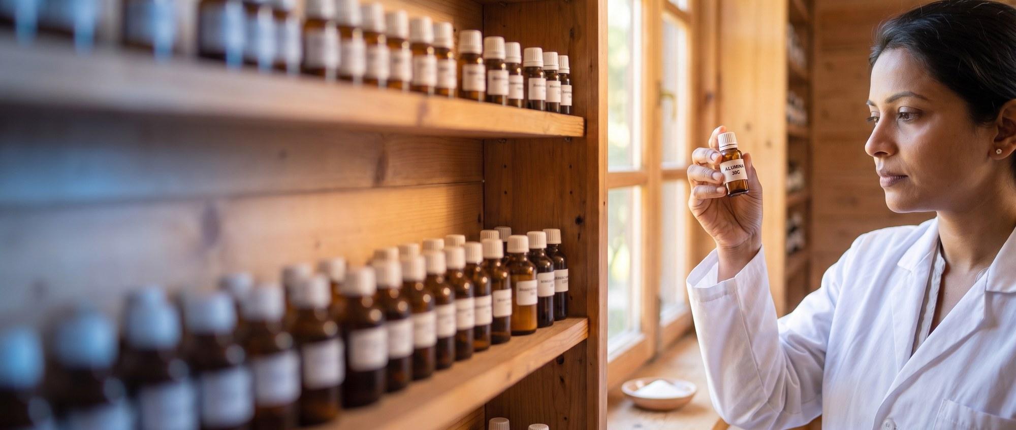 Homeopathy doctor examining a labeled Alumina 30C remedy vial with a small dish of white aluminium-oxide crystal powder, apothecary shelf of medicine bottles in the background