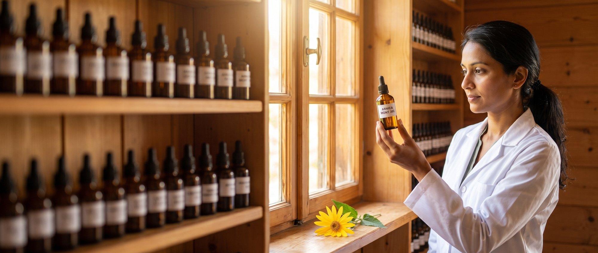 Homeopathy doctor examining a labeled Arnica Montana 30C remedy vial with a bright yellow arnica flower, apothecary shelf of medicine bottles in the background