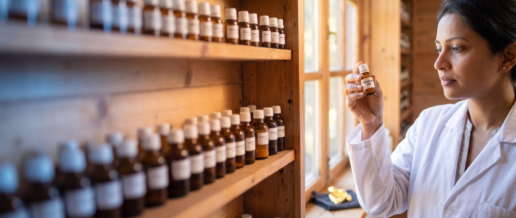 Homeopathy doctor examining a labeled Aurum Metallicum 30C remedy vial with a small piece of raw gold / gold leaf on a dark cloth, apothecary shelf of medicine bottles in the background
