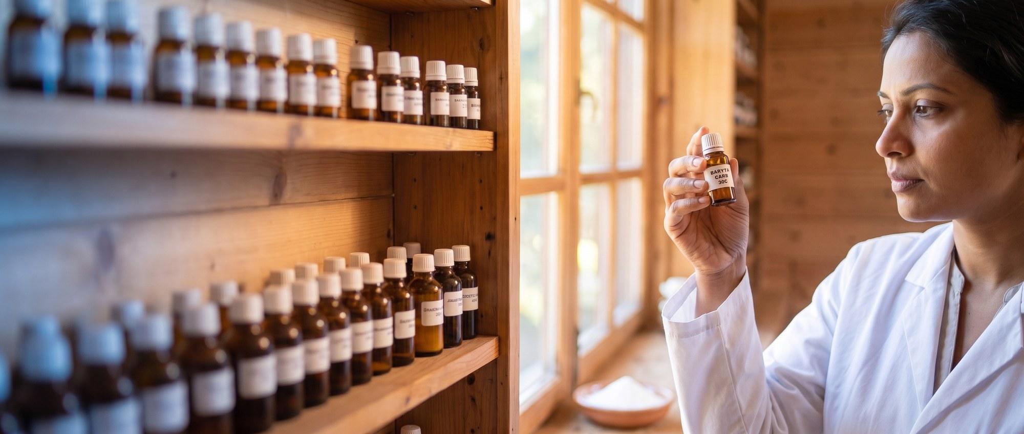 Homeopathy doctor examining a labeled Baryta Carbonica 30C remedy vial with a small dish of white barium-carbonate powder, apothecary shelf of medicine bottles in the background