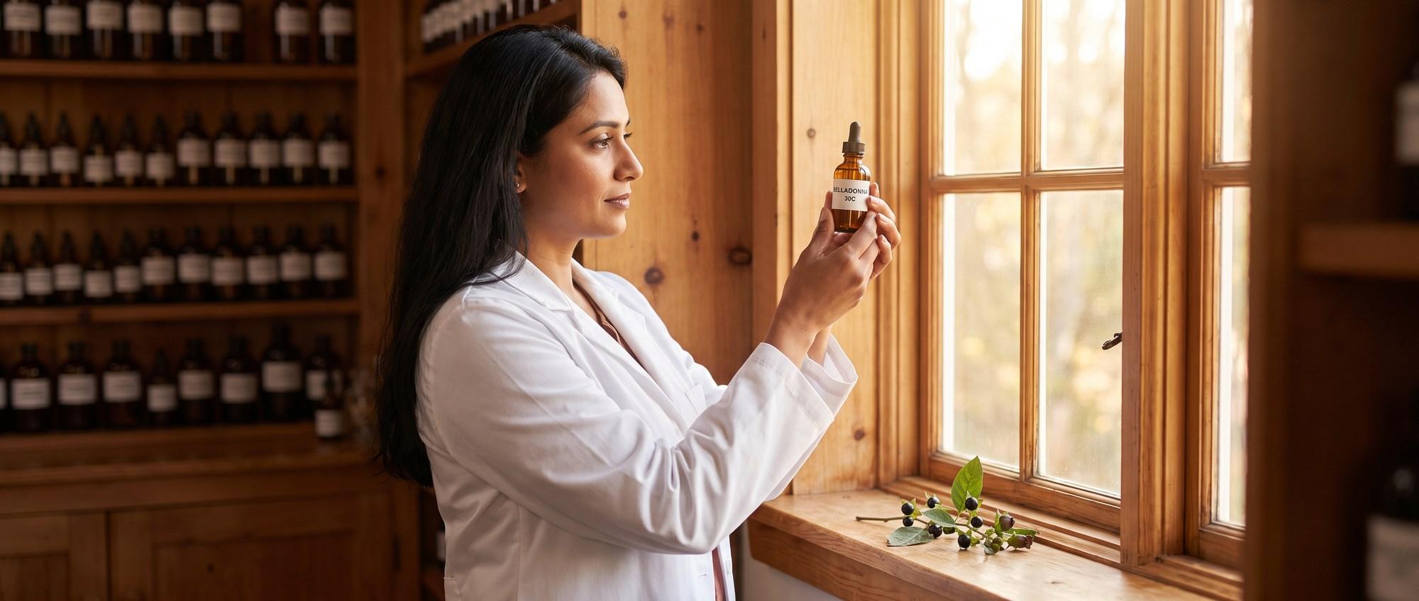 Homeopathy doctor examining a labeled Belladonna 30C remedy vial with a small sprig of deadly nightshade with dark purple berries, apothecary shelf of medicine bottles in the background