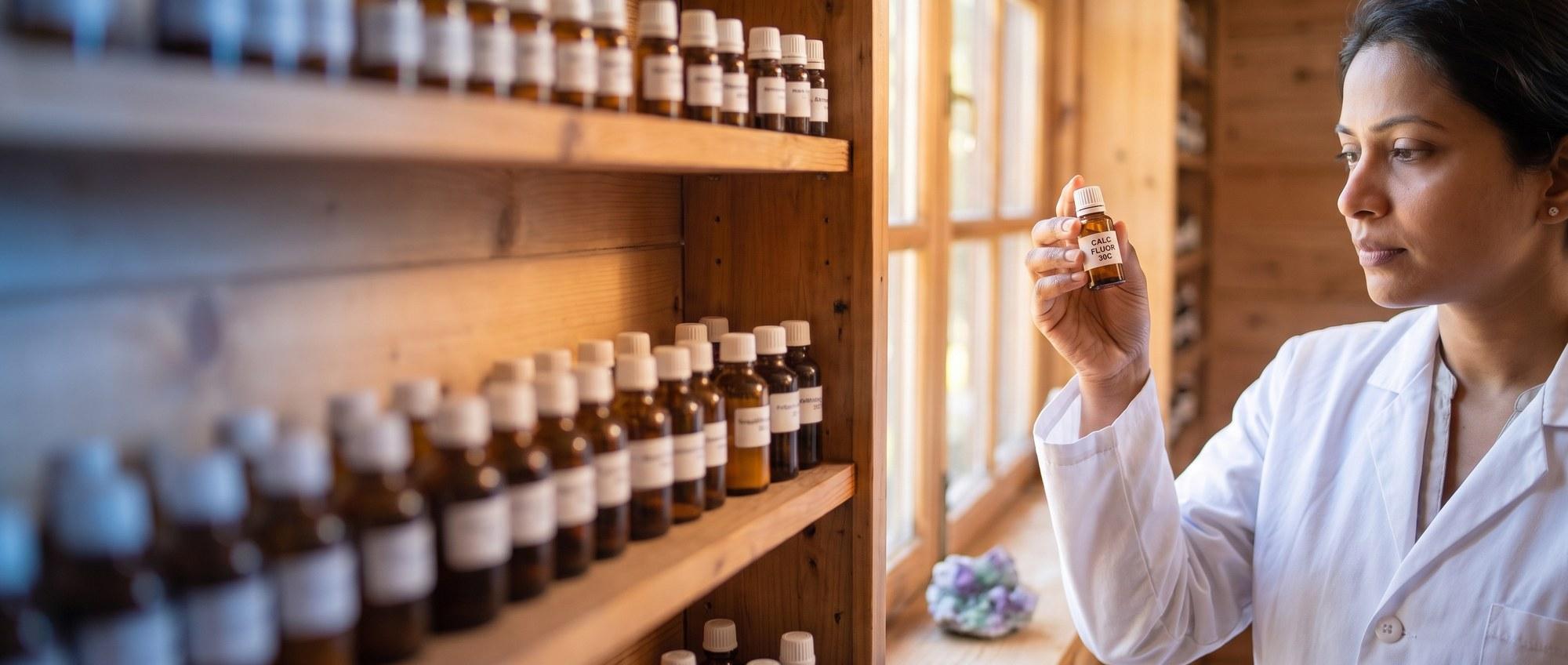 Homeopathy doctor examining a labeled Calcarea Fluorica 30C remedy vial with a purple-green fluorite crystal, apothecary shelf of medicine bottles in the background