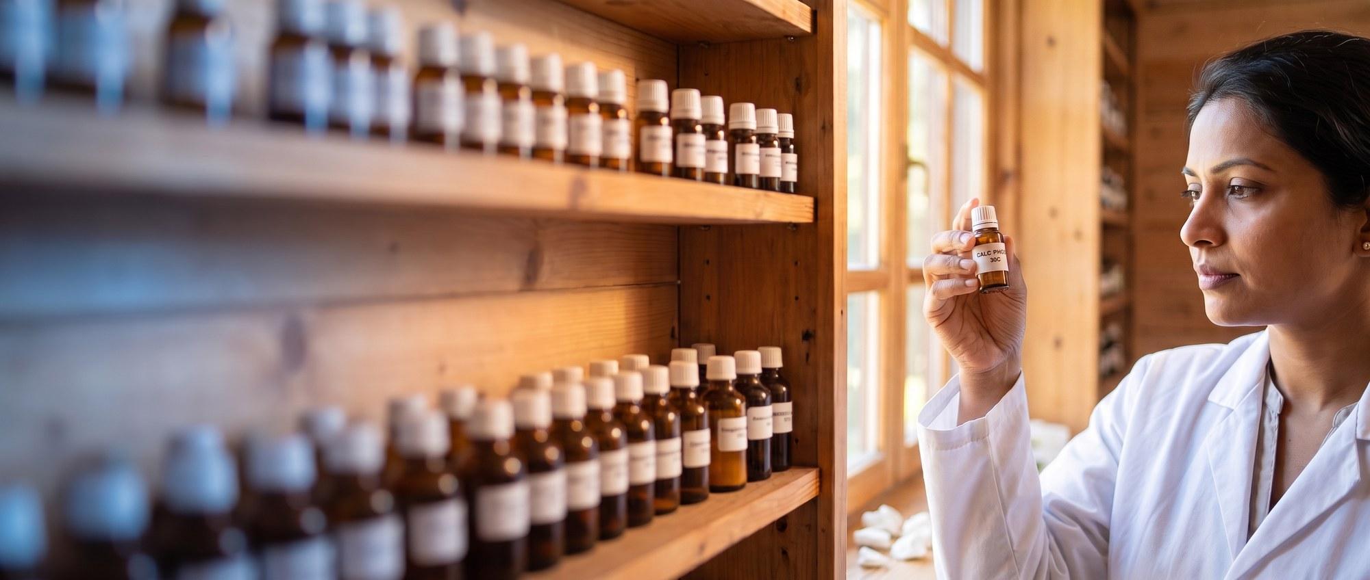 Homeopathy doctor examining a labeled Calcarea Phosphorica 30C remedy vial with a few white calcium-phosphate mineral chips, apothecary shelf of medicine bottles in the background