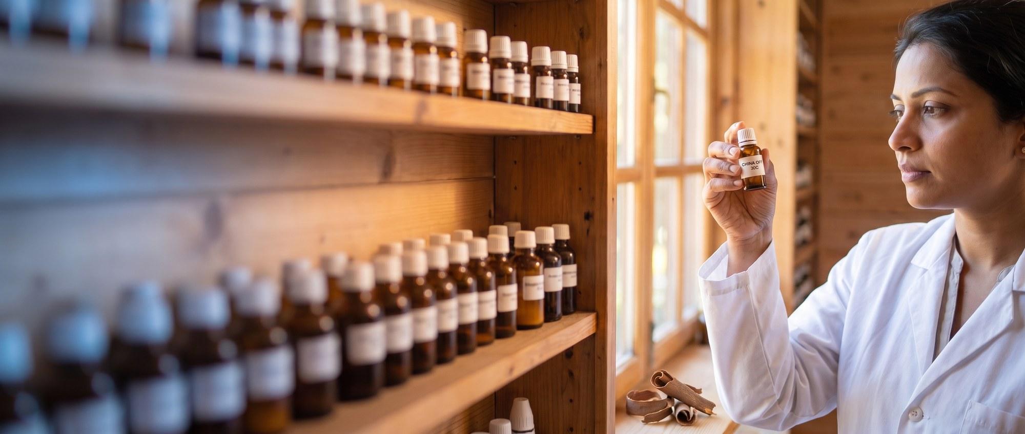 Homeopathy doctor examining a labeled China Officinalis 30C remedy vial with curled strips of cinchona (Peruvian) bark, apothecary shelf of medicine bottles in the background