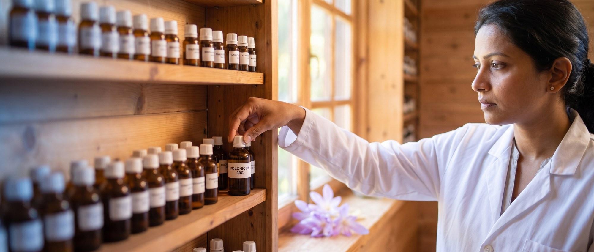 Homeopathy doctor examining a labeled Colchicum Autumnale 30C remedy vial with pale purple autumn-crocus flowers, apothecary shelf of medicine bottles in the background