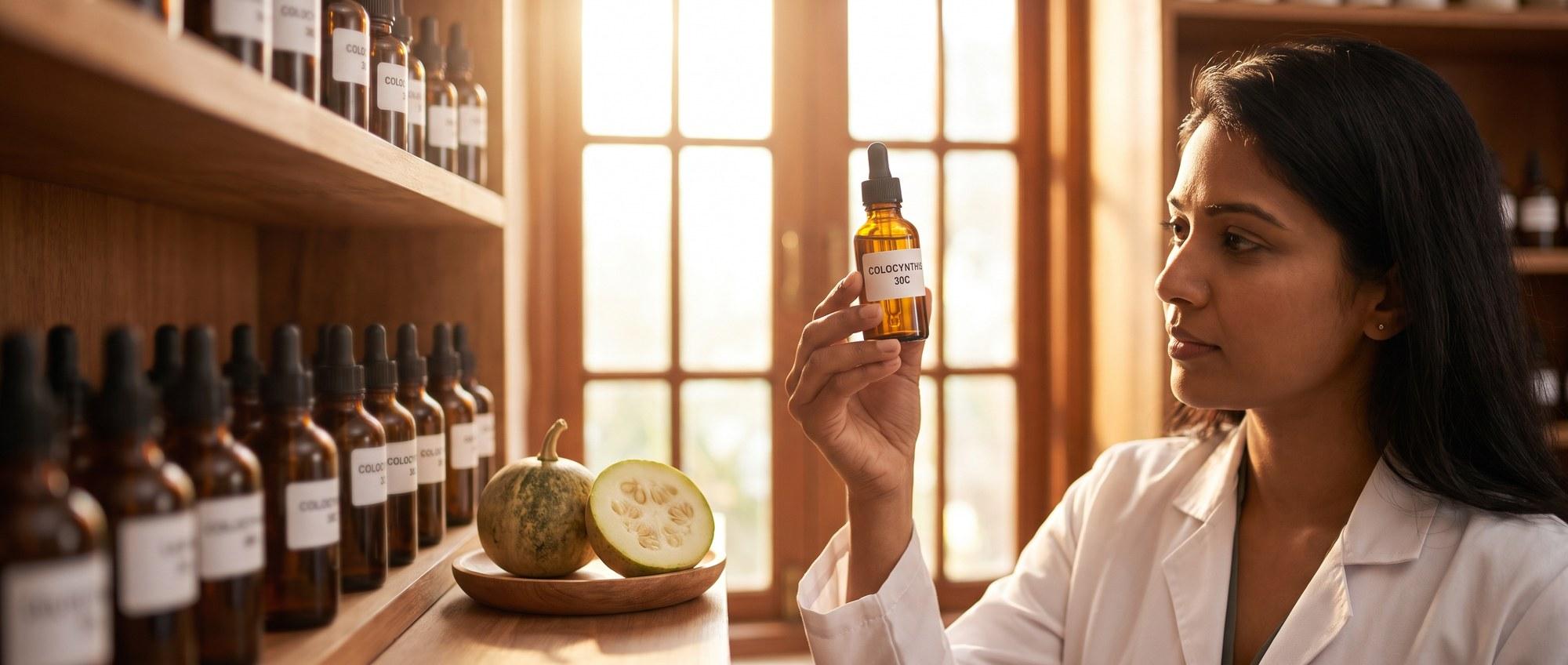Homeopathy doctor examining a labeled Colocynthis 30C remedy vial with a bitter-apple (colocynth) gourd, cut open to show its pale flesh, apothecary shelf of medicine bottles in the background