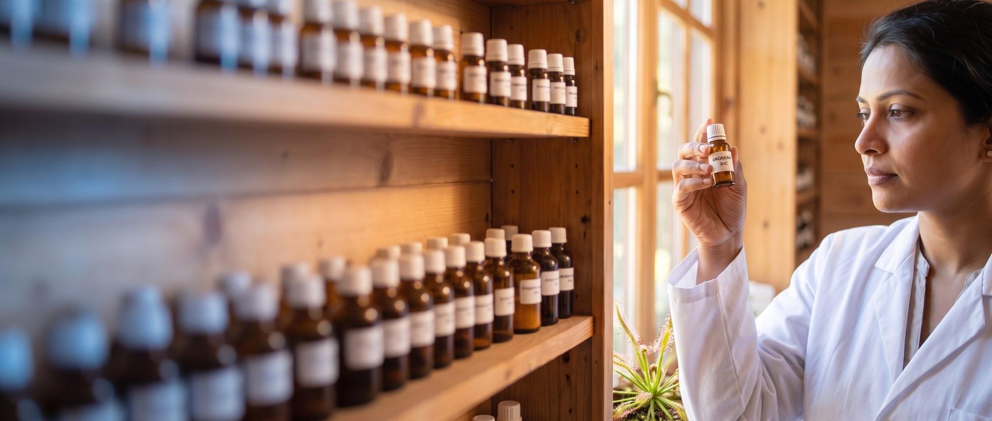 Homeopathy doctor examining a labeled Drosera Rotundifolia 30C remedy vial with a sundew plant with dew-tipped tentacle leaves, apothecary shelf of medicine bottles in the background