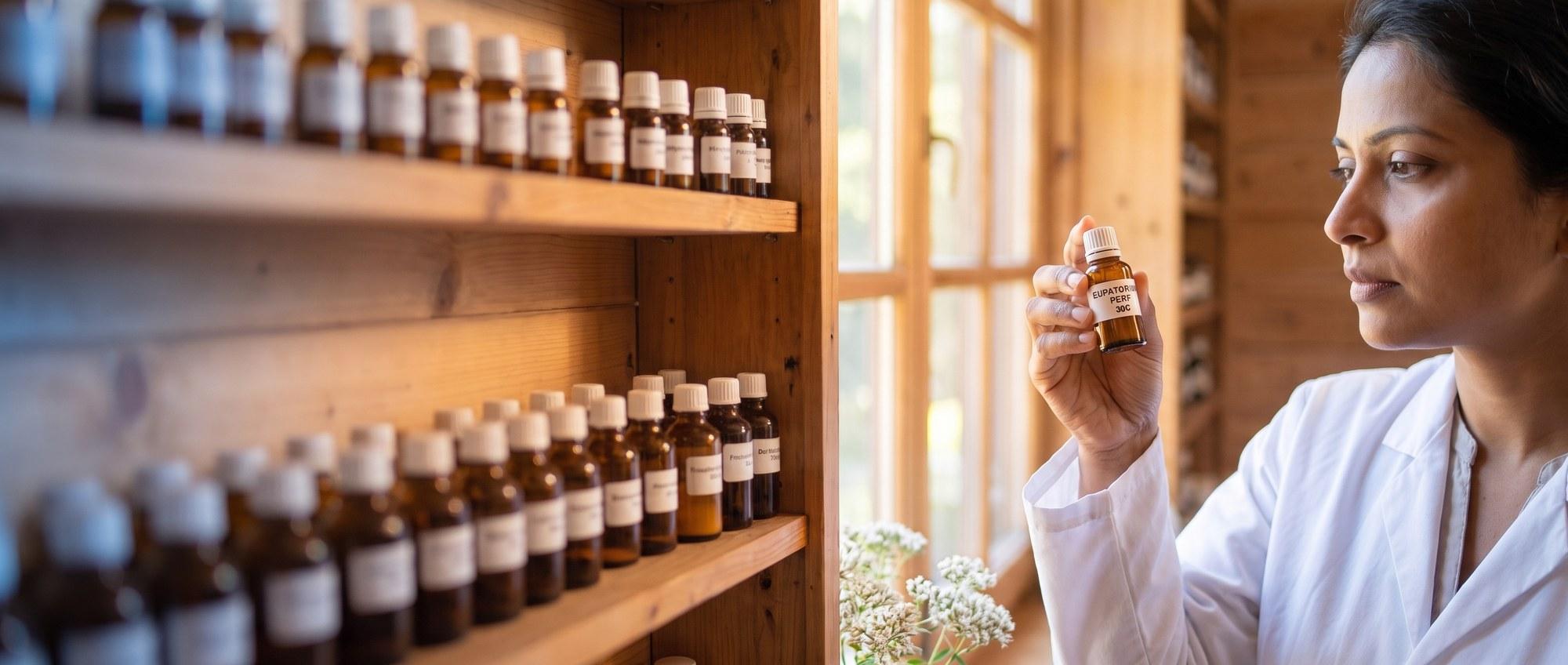 Homeopathy doctor examining a labeled Eupatorium Perfoliatum 30C remedy vial with white boneset flower clusters, apothecary shelf of medicine bottles in the background