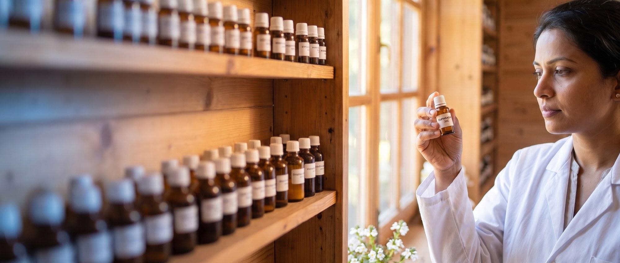 Homeopathy doctor examining a labeled Euphrasia Officinalis 30C remedy vial with small white eyebright flowers, apothecary shelf of medicine bottles in the background