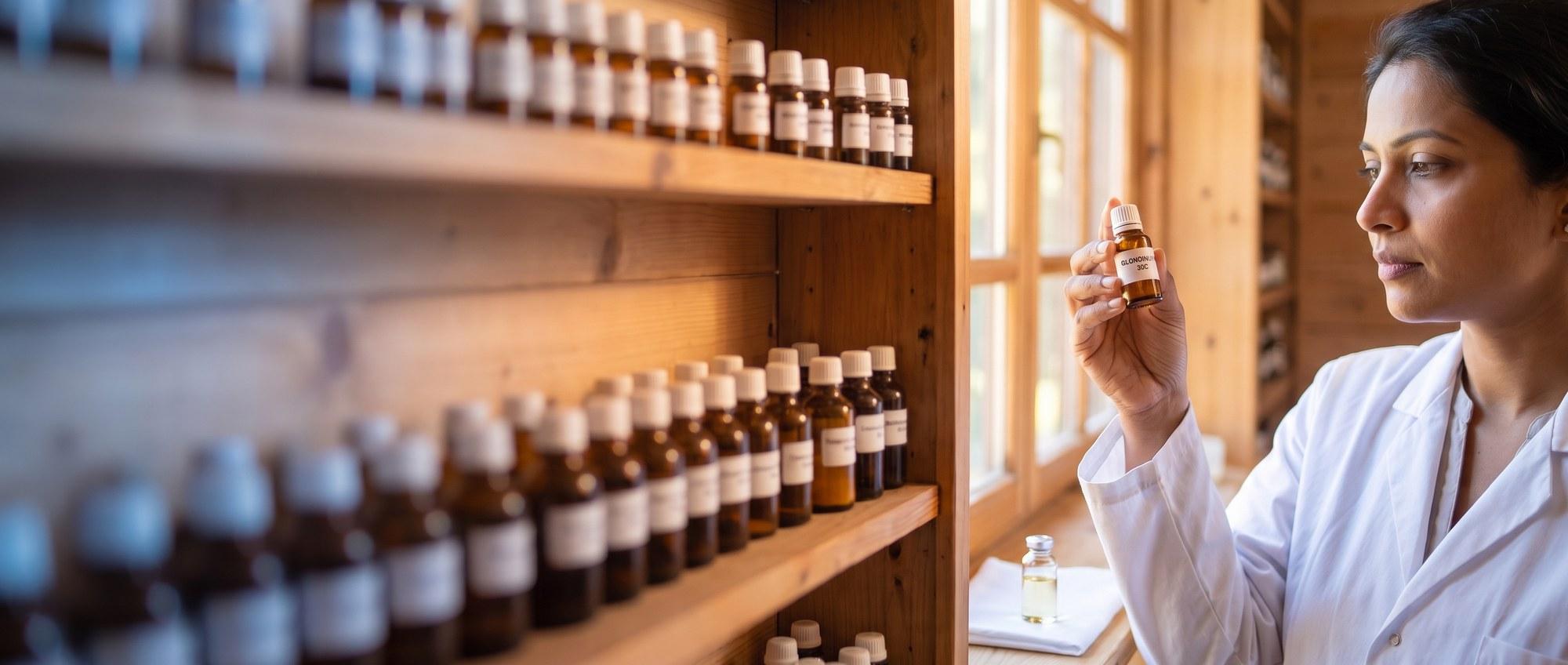 Homeopathy doctor examining a labeled Glonoinum 30C remedy vial with a small sealed glass vial of clear oily liquid (nitroglycerine) handled with visible care on a lab cloth, apothecary shelf of medicine bottles in the background