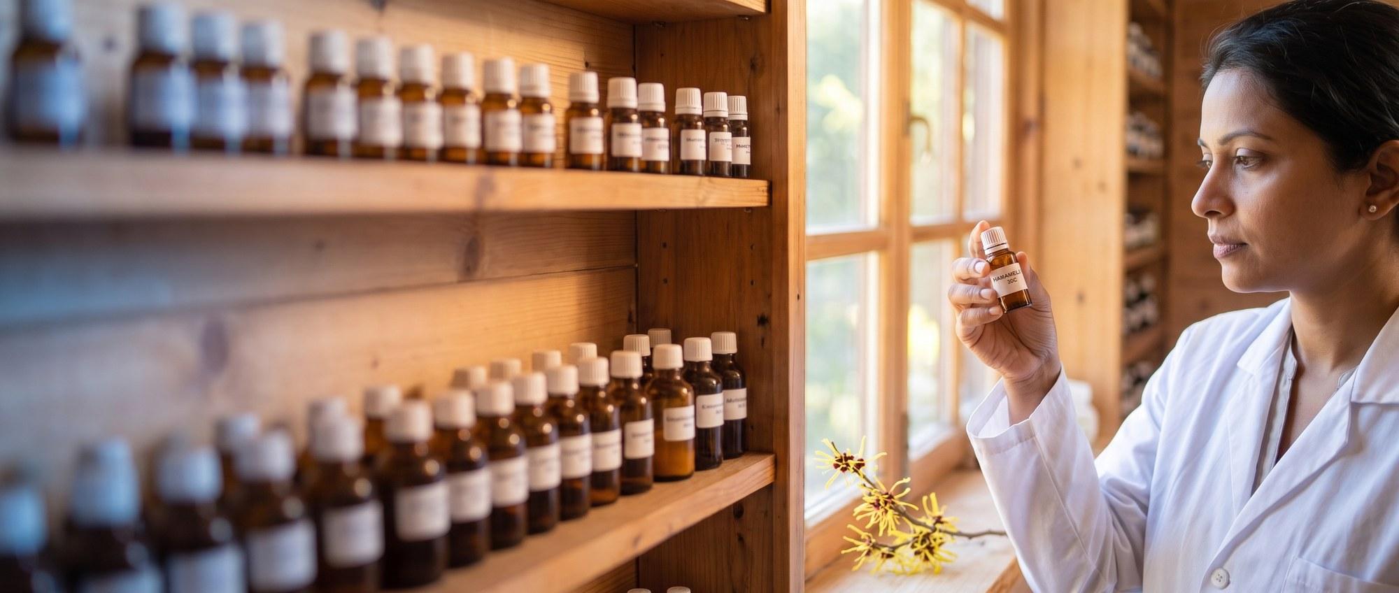 Homeopathy doctor examining a labeled Hamamelis Virginiana 30C remedy vial with a witch-hazel branch with thin ribbon-like yellow flowers, apothecary shelf of medicine bottles in the background