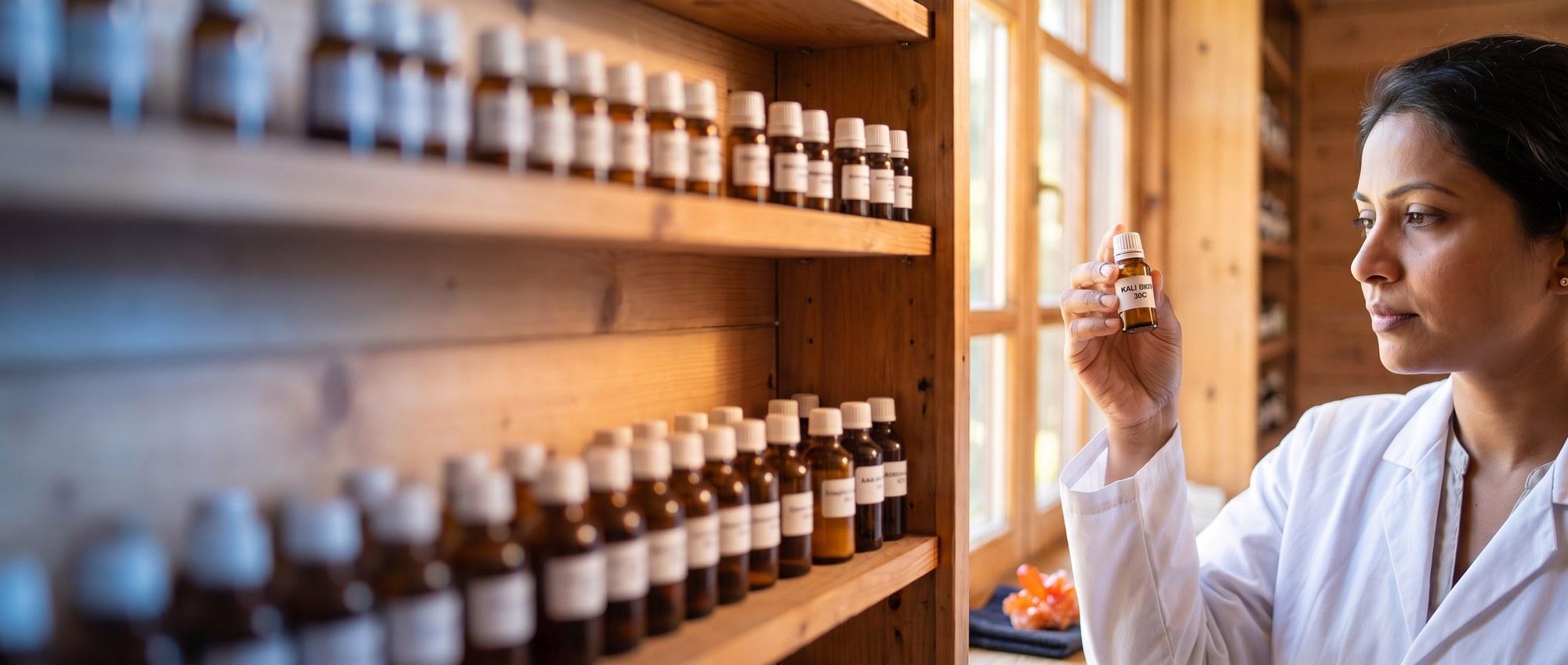 Homeopathy doctor examining a labeled Kali Bichromicum 30C remedy vial with a few bright orange potassium-dichromate crystals on a dark cloth, apothecary shelf of medicine bottles in the background