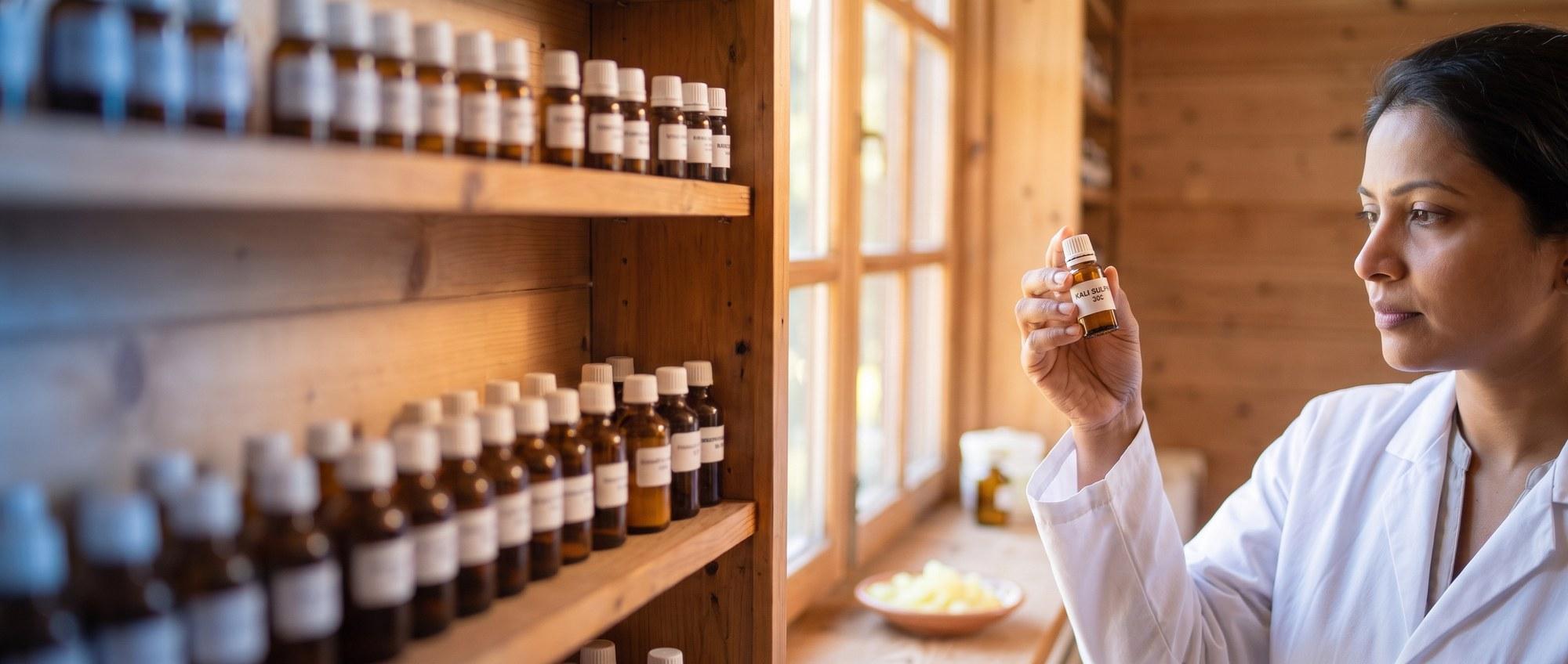 Homeopathy doctor examining a labeled Kali Sulphuricum 30C remedy vial with a small dish of pale yellow potassium-sulphate crystals, apothecary shelf of medicine bottles in the background