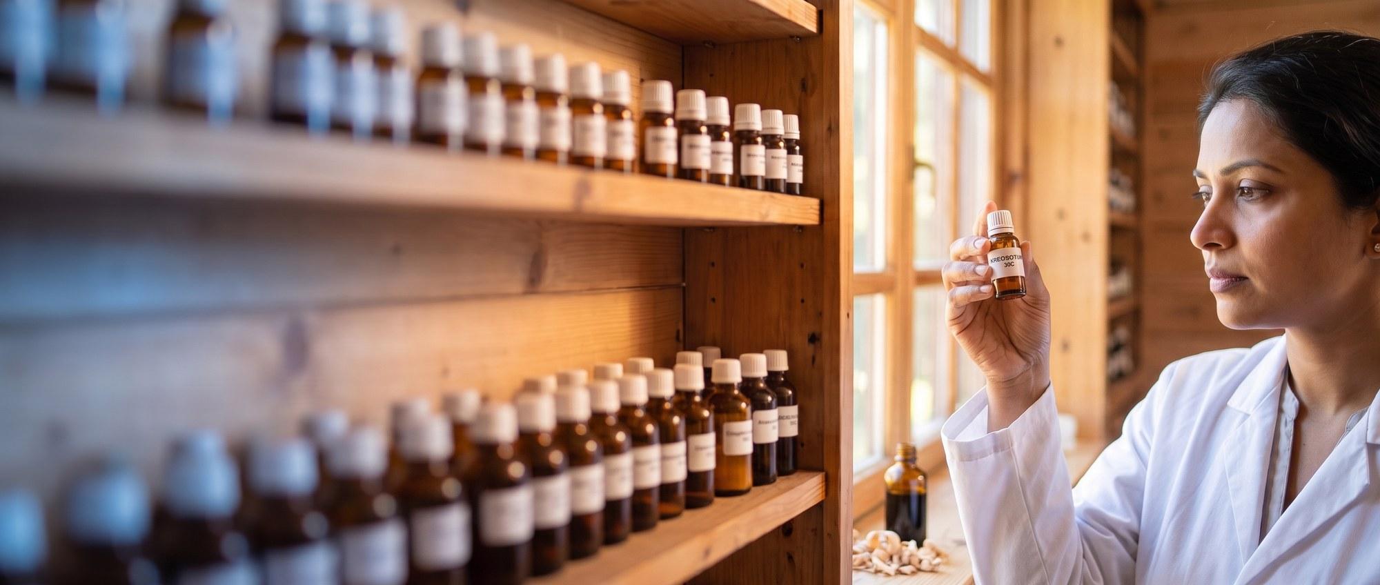 Homeopathy doctor examining a labeled Kreosotum 30C remedy vial with a small amber bottle of dark creosote liquid beside beechwood shavings, apothecary shelf of medicine bottles in the background