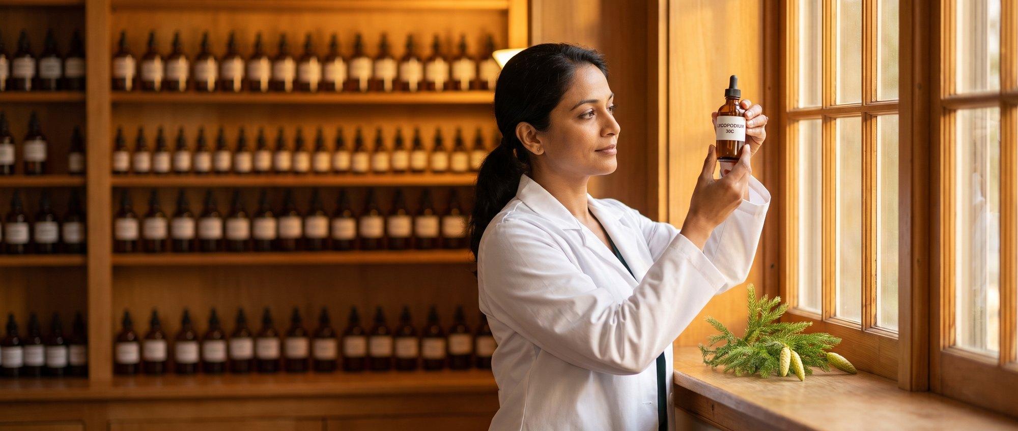 Homeopathy doctor examining a labeled Lycopodium Clavatum 30C remedy vial with a sprig of club moss with its pale spore-bearing cone, apothecary shelf of medicine bottles in the background