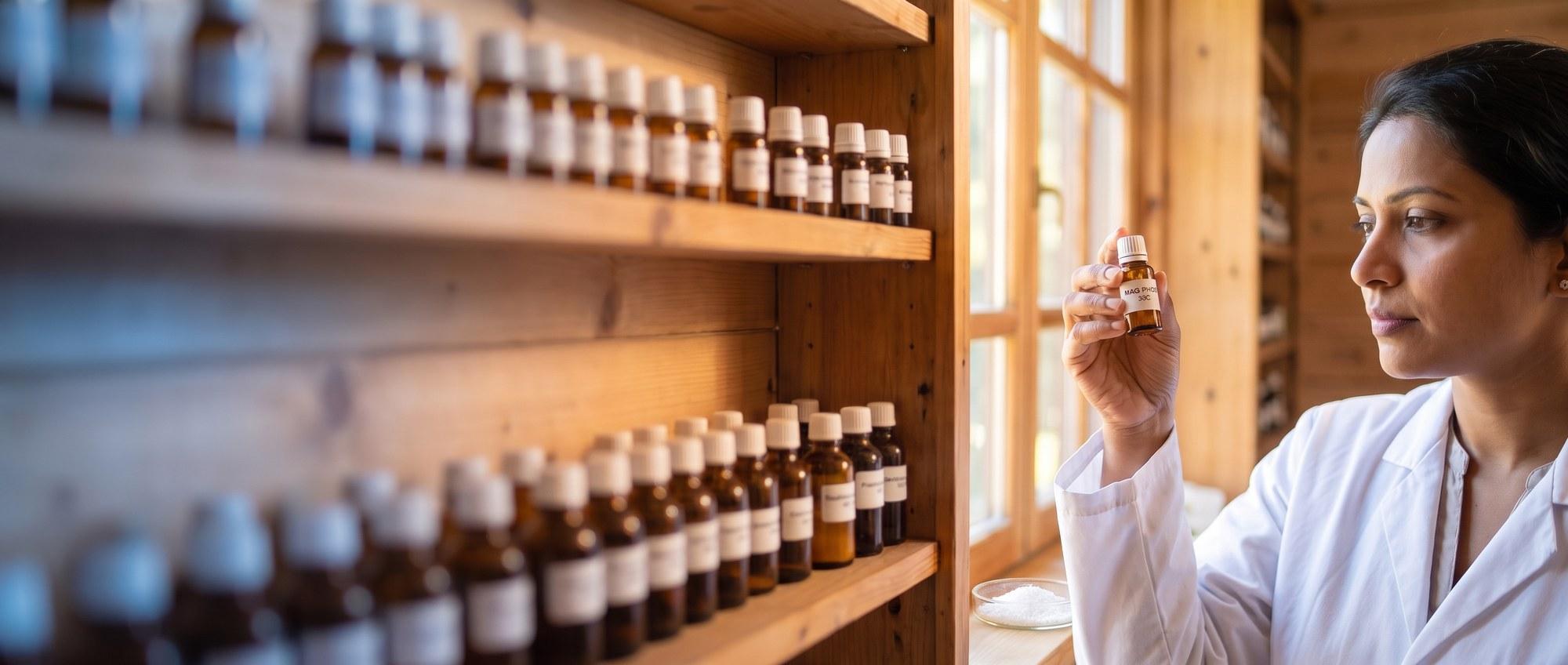 Homeopathy doctor examining a labeled Magnesia Phosphorica 30C remedy vial with a small dish of fine white magnesium-phosphate crystals, apothecary shelf of medicine bottles in the background