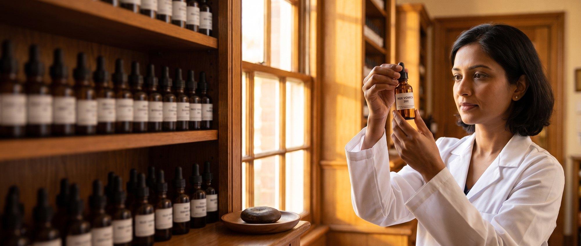 Homeopathy doctor examining a labeled Nux Vomica 30C remedy vial with a single round, disc-shaped poison-nut (nux vomica) seed, apothecary shelf of medicine bottles in the background