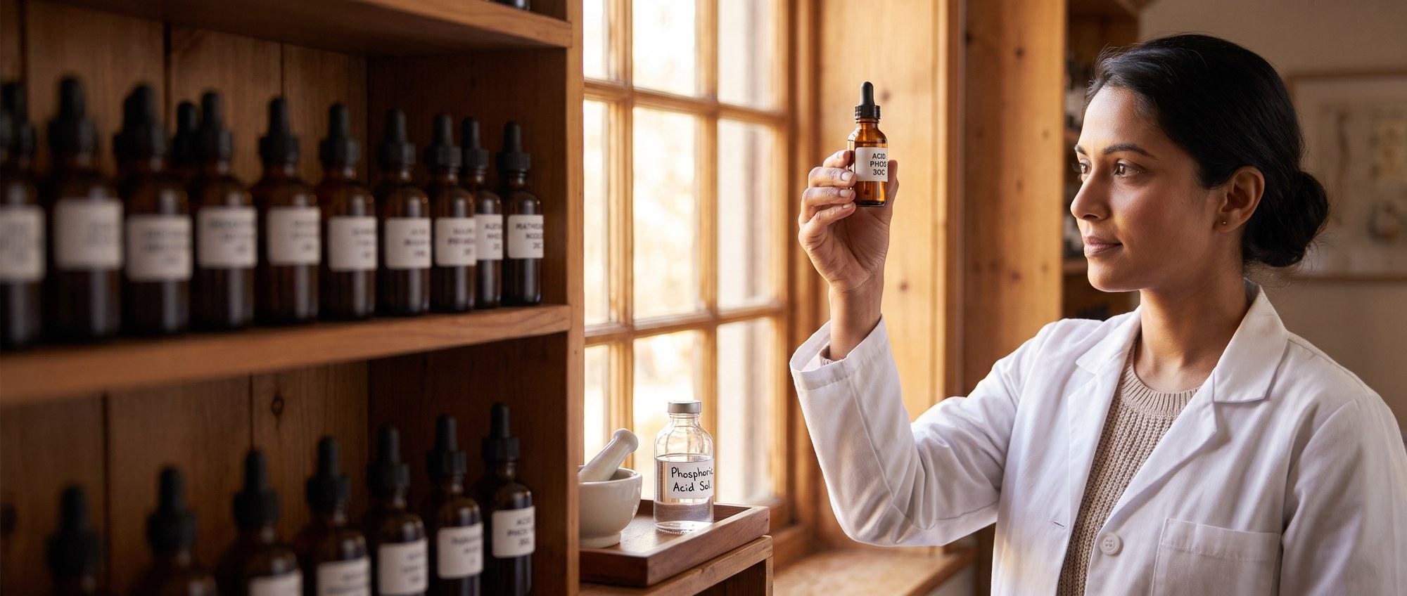 Homeopathy doctor examining a labeled Phosphoricum Acidum (Acid Phos) 30C remedy vial with a small glass vial of clear phosphoric-acid solution, apothecary shelf of medicine bottles in the background