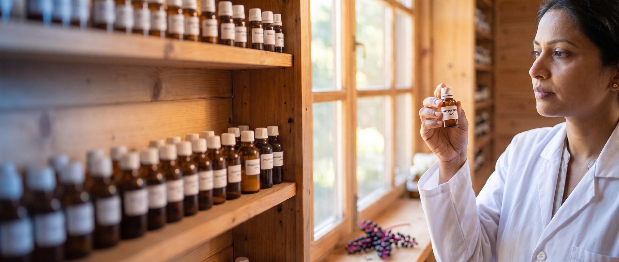 Homeopathy doctor examining a labeled Phytolacca Decandra 30C remedy vial with a cluster of dark pokeweed berries on a red stem, apothecary shelf of medicine bottles in the background