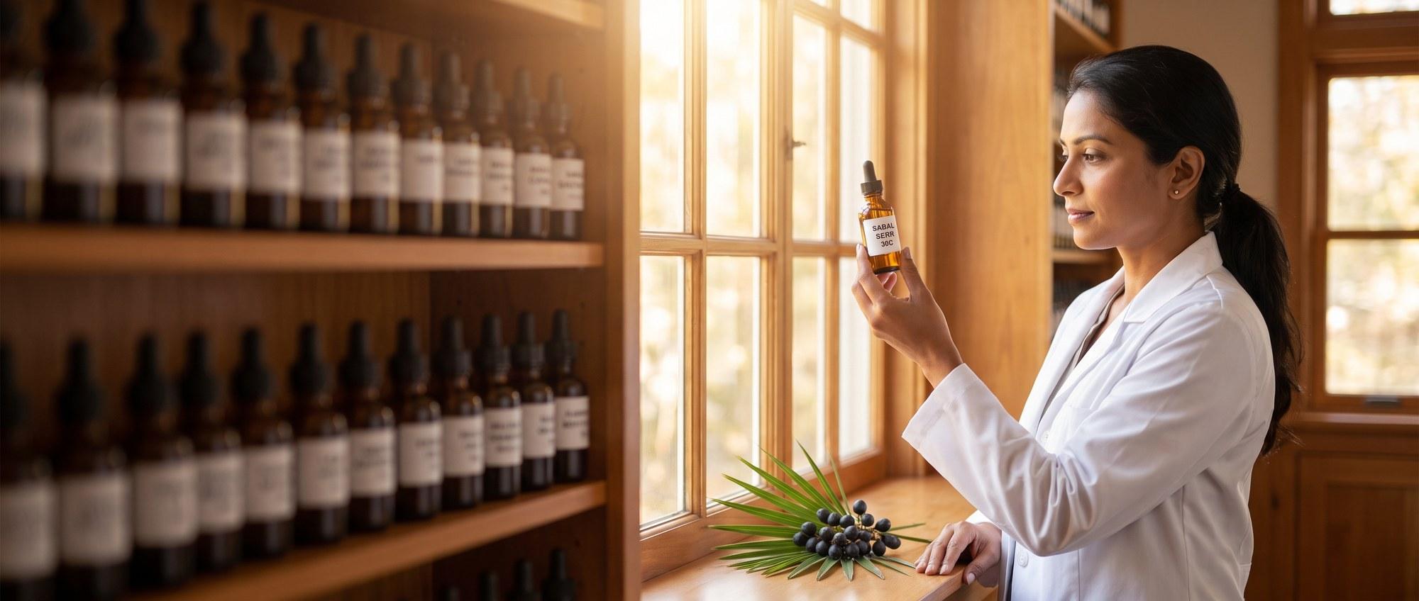 Homeopathy doctor examining a labeled Sabal Serrulata 30C remedy vial with a cluster of saw-palmetto berries with a frond, apothecary shelf of medicine bottles in the background
