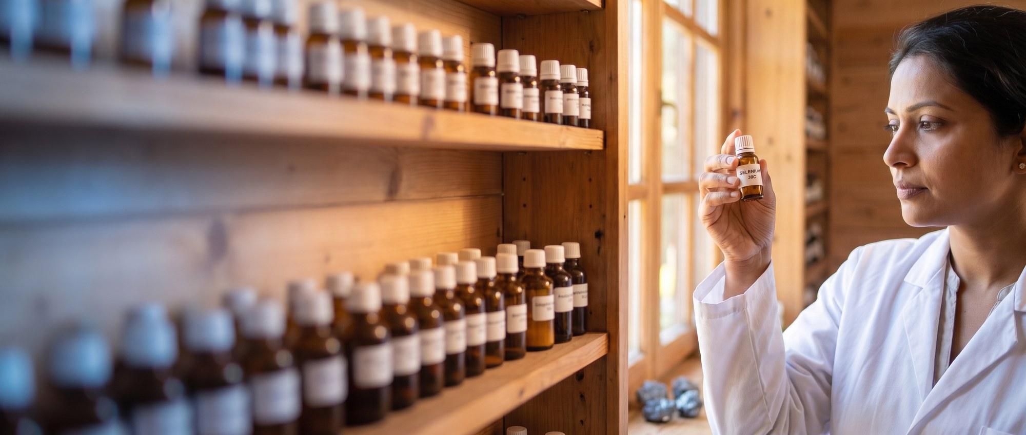 Homeopathy doctor examining a labeled Selenium 30C remedy vial with a few dark grey selenium mineral chunks, apothecary shelf of medicine bottles in the background