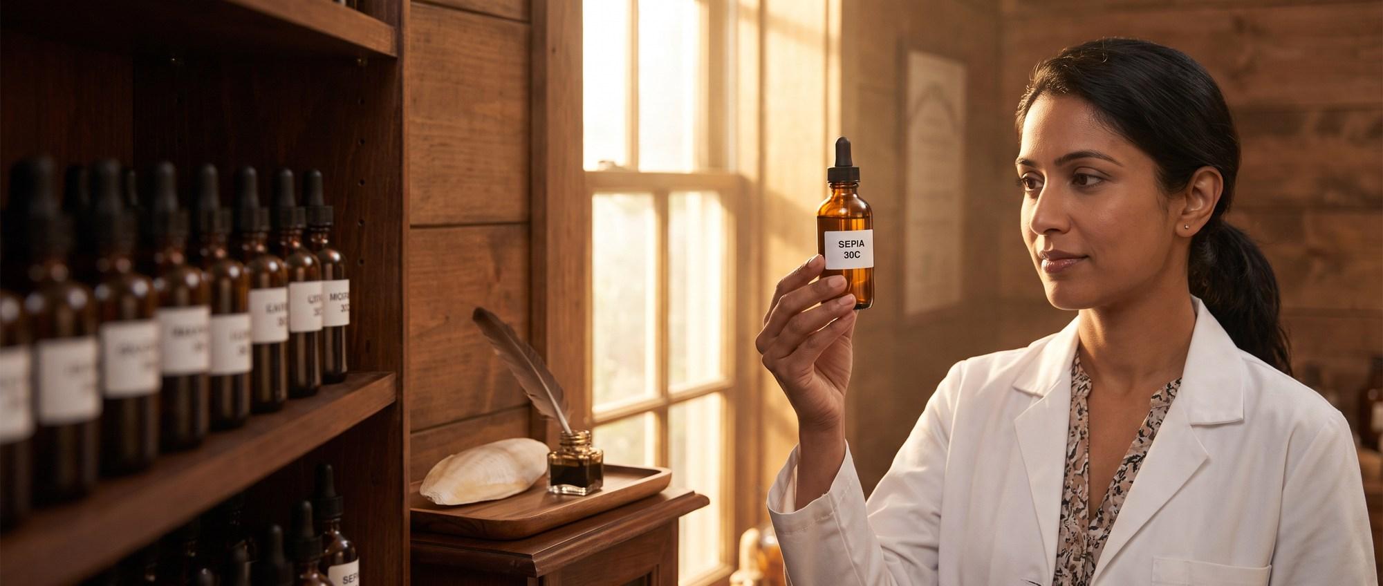 Homeopathy doctor examining a labeled Sepia 30C remedy vial with a small cuttlefish bone beside a tiny inkwell of dark sepia ink, apothecary shelf of medicine bottles in the background