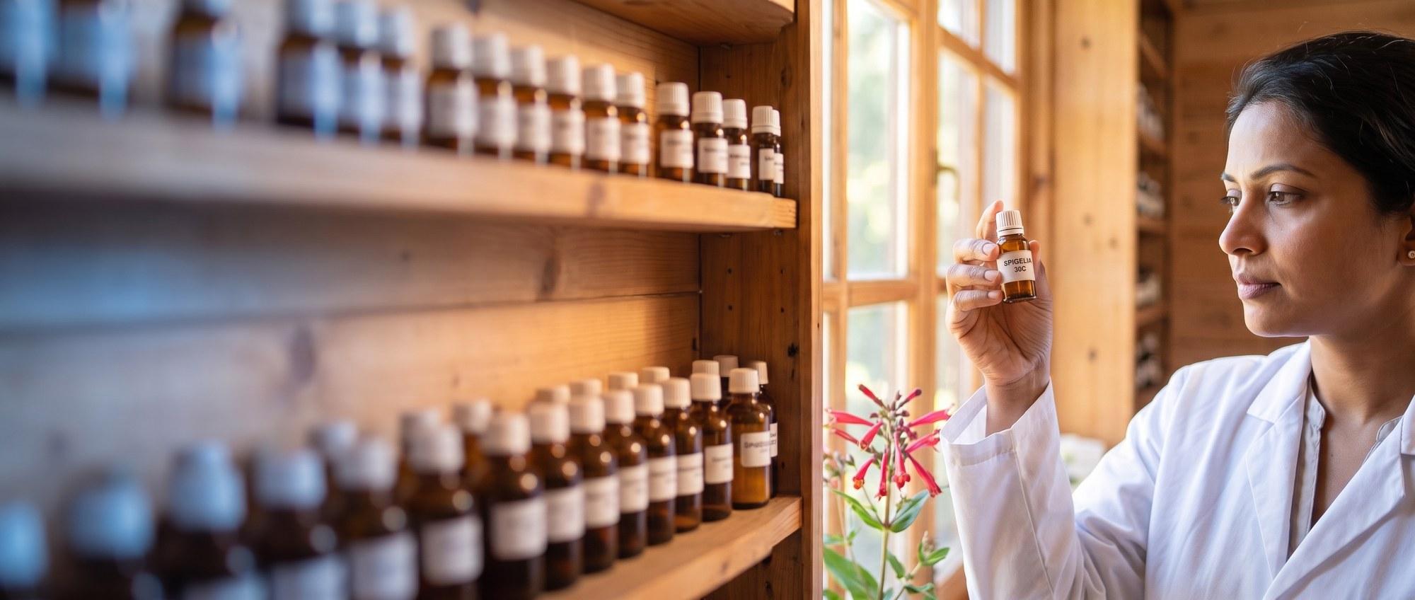Homeopathy doctor examining a labeled Spigelia 30C remedy vial with a pinkroot plant with red tubular flowers, apothecary shelf of medicine bottles in the background