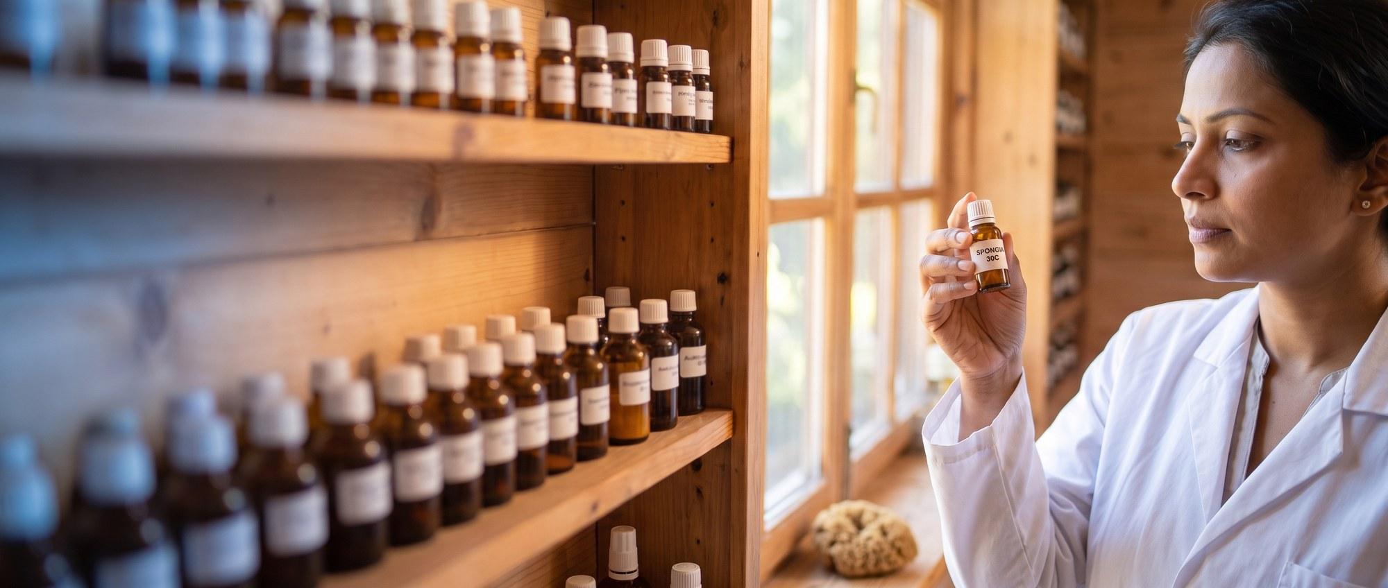 Homeopathy doctor examining a labeled Spongia Tosta 30C remedy vial with a piece of natural sea sponge, apothecary shelf of medicine bottles in the background