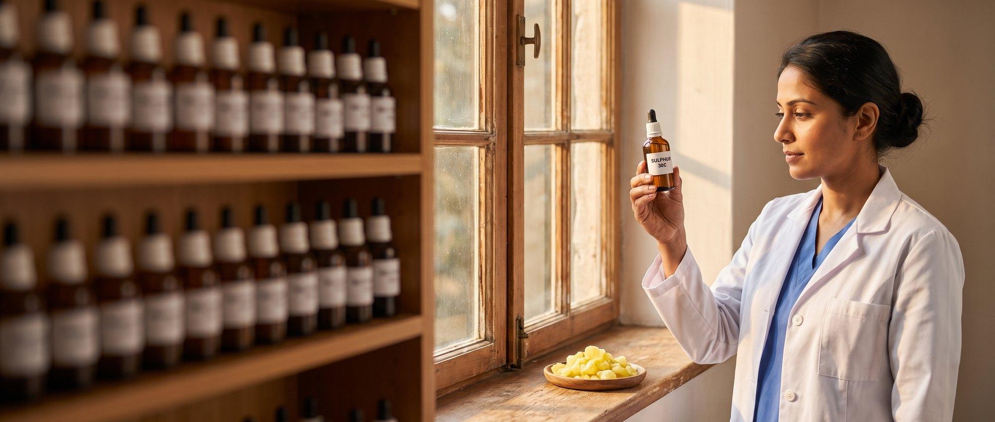 Homeopathy doctor examining a labeled Sulphur 30C remedy vial with a small dish of bright yellow sulphur crystals, apothecary shelf of medicine bottles in the background