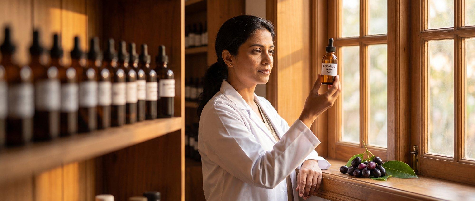 Homeopathy doctor examining a labeled Syzygium Jambolanum 30C remedy vial with a small cluster of jambul (black plum / jamun) fruit, apothecary shelf of medicine bottles in the background