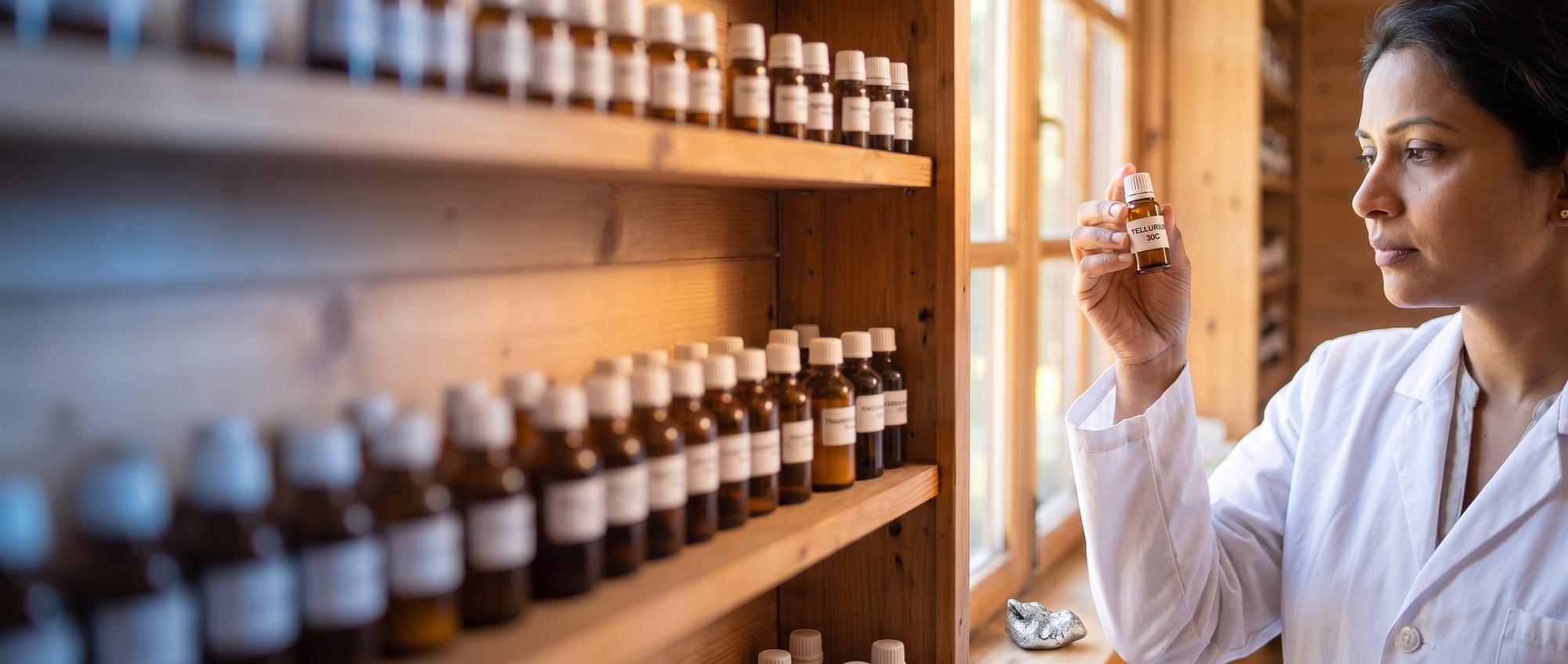 Homeopathy doctor examining a labeled Tellurium 30C remedy vial with a small silvery tellurium metal fragment, apothecary shelf of medicine bottles in the background