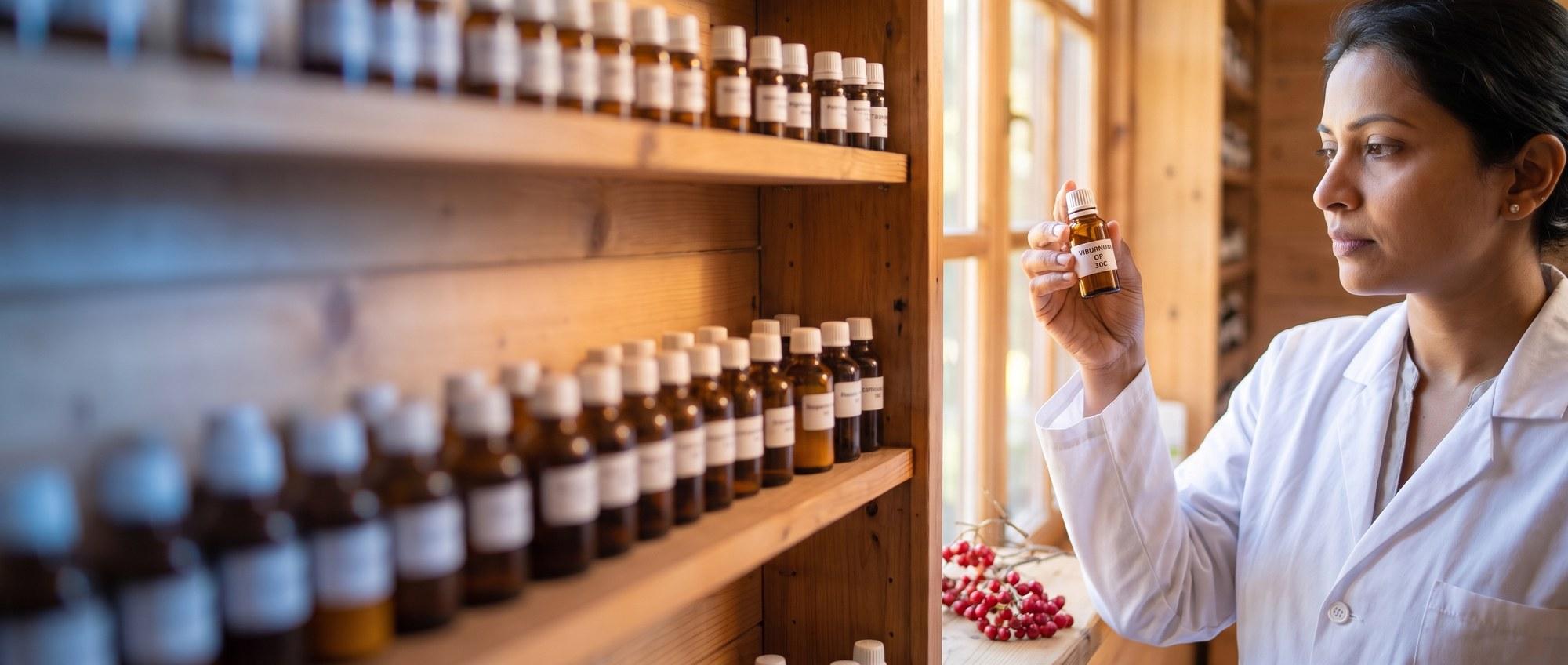Homeopathy doctor examining a labeled Viburnum Opulus 30C remedy vial with a viburnum branch with red berry clusters, apothecary shelf of medicine bottles in the background