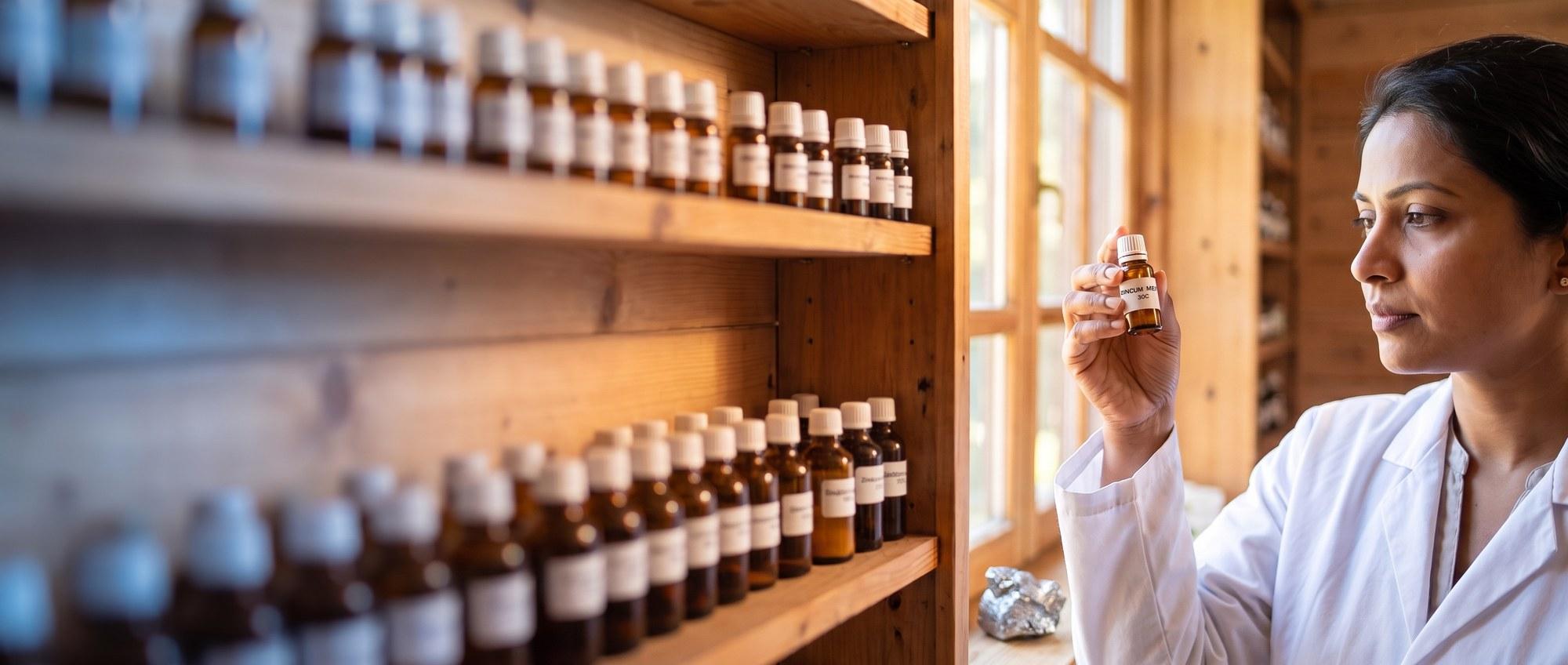 Homeopathy doctor examining a labeled Zincum Metallicum 30C remedy vial with a small piece of raw zinc metal, apothecary shelf of medicine bottles in the background
