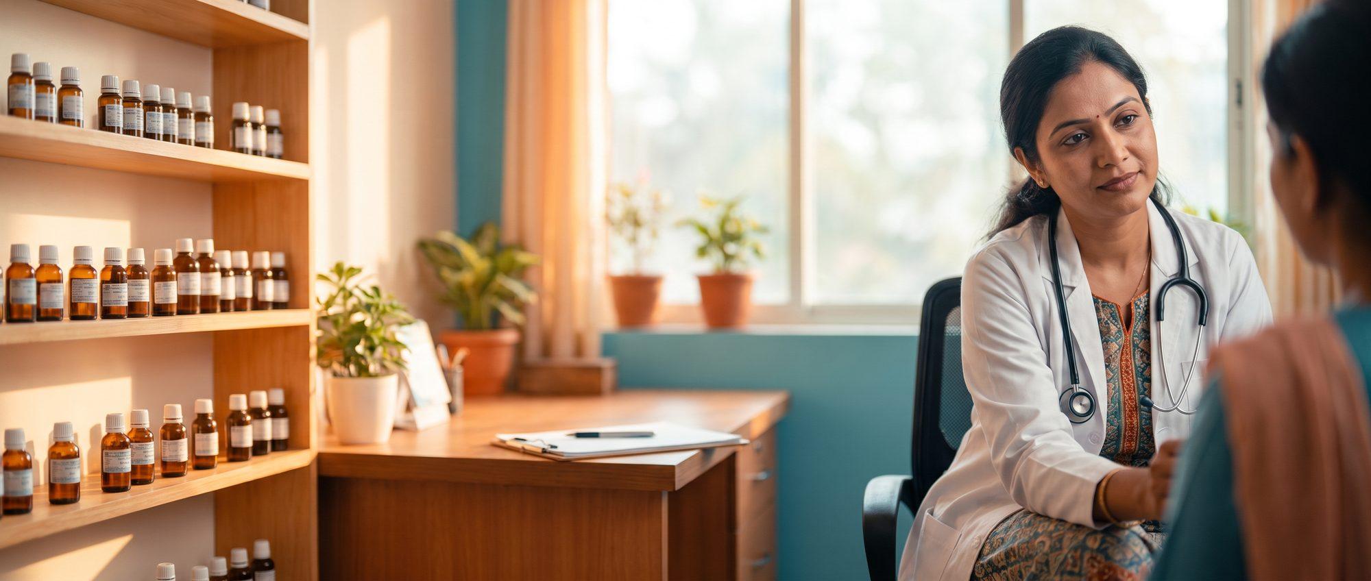 Caring homeopathy doctor listening attentively to a patient during a consultation, homeopathic medicine shelf in the background