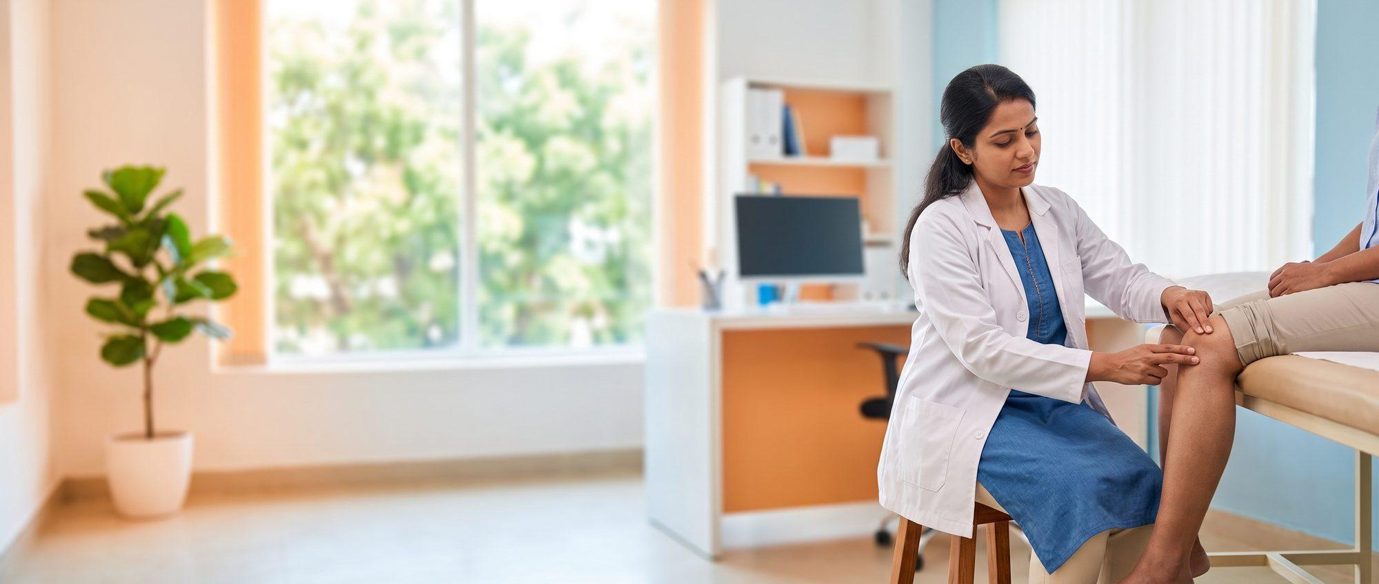 Homeopathy doctor examining a patient’s knee for joint tenderness