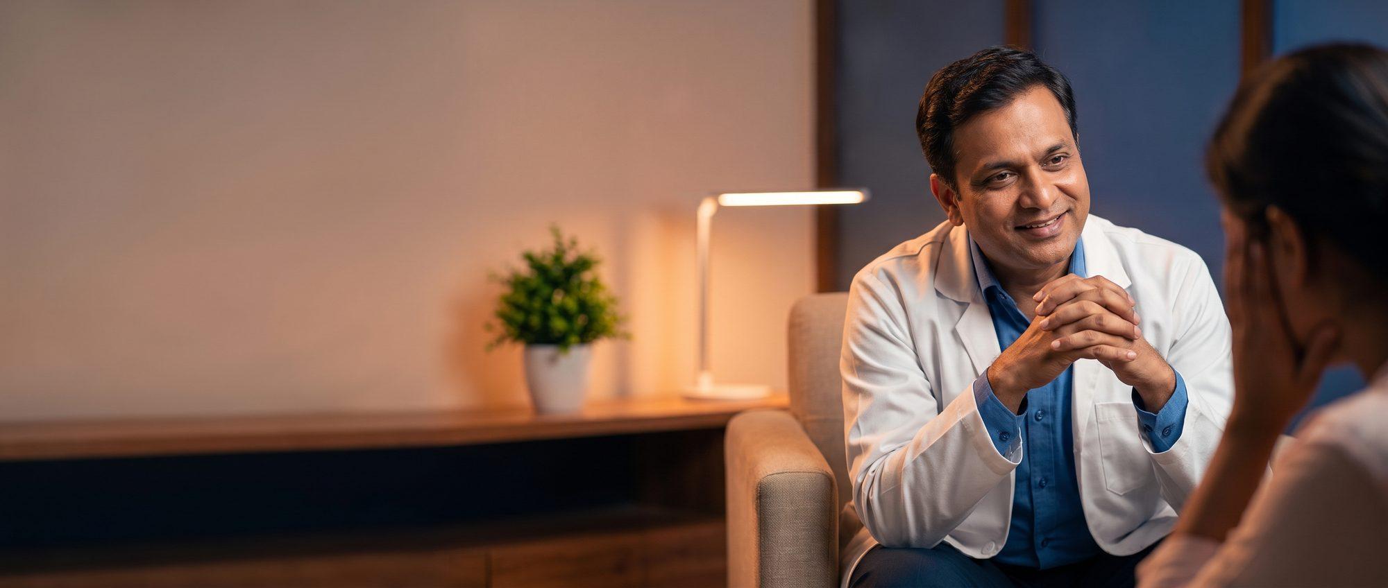 Homeopathy doctor in a calm, empathetic conversation with a patient