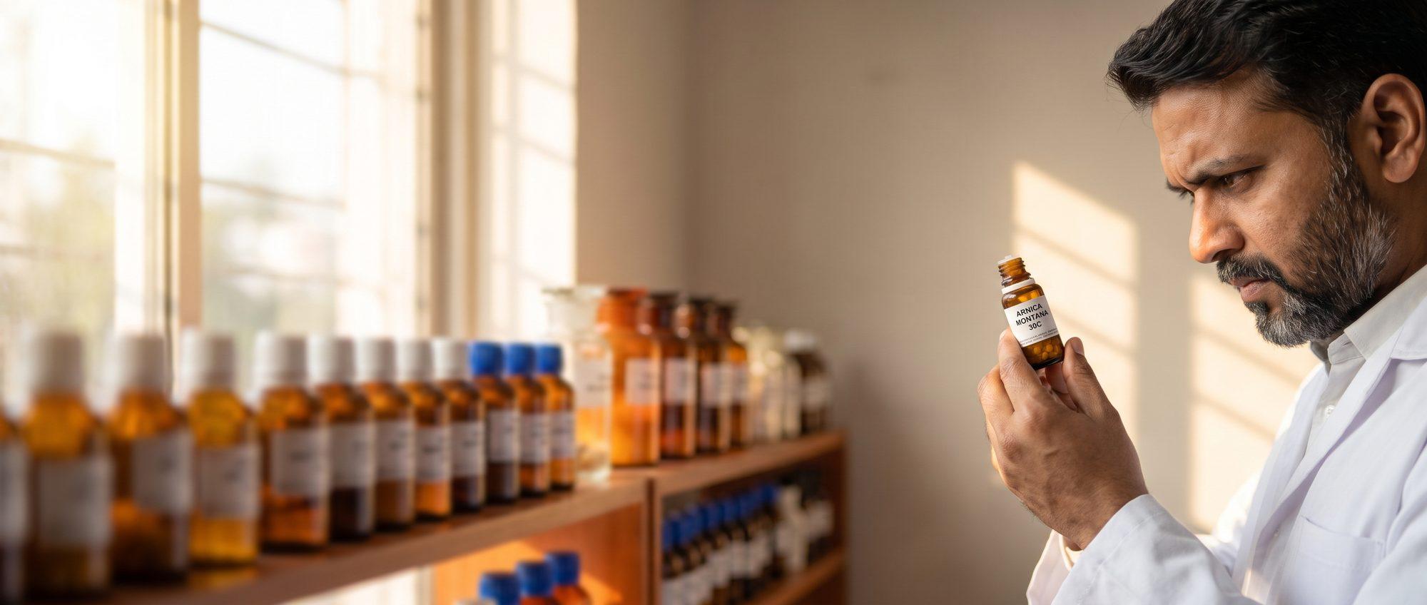 Homeopathy doctor examining a labeled Arnica Montana 30C remedy vial, apothecary shelf of medicine bottles in the background