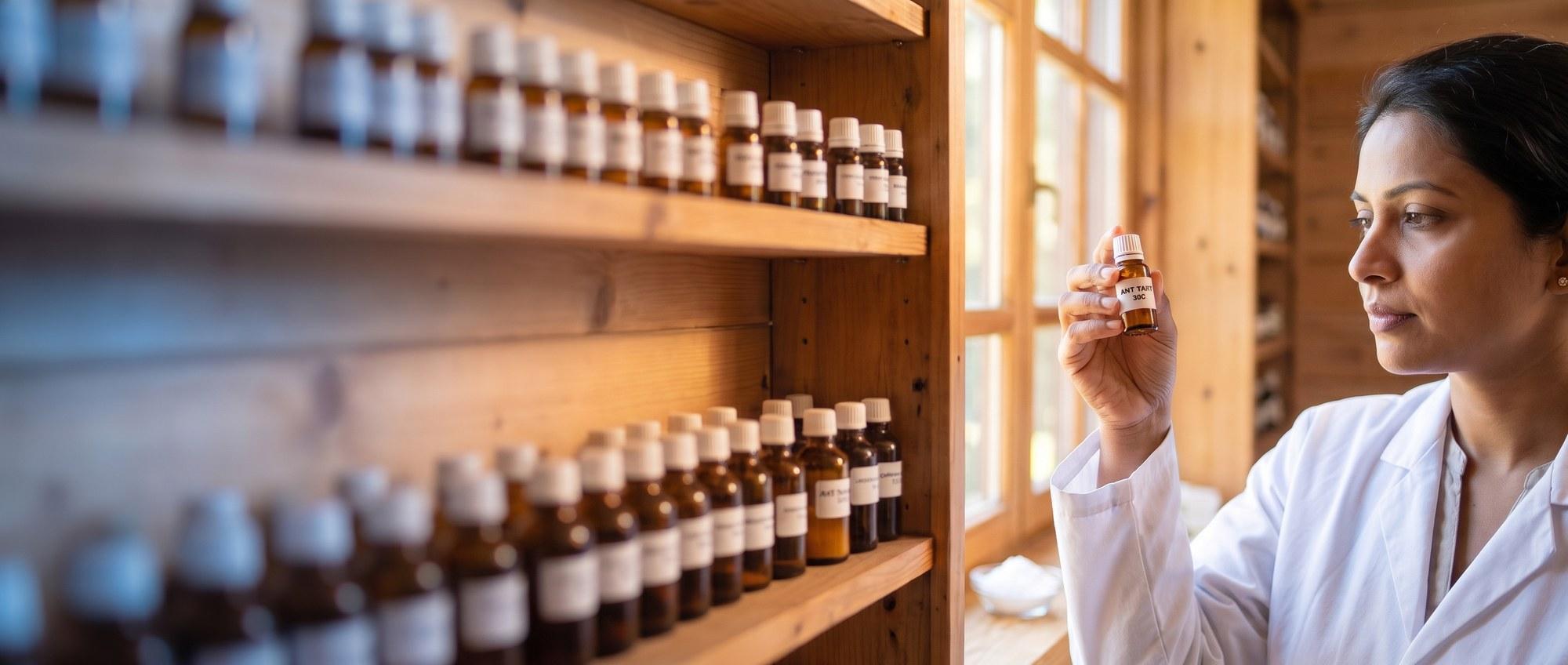 Homeopathy doctor examining a labeled Antimonium Tartaricum 30C remedy vial with a small dish of white crystalline tartar-emetic powder, apothecary shelf of medicine bottles in the background