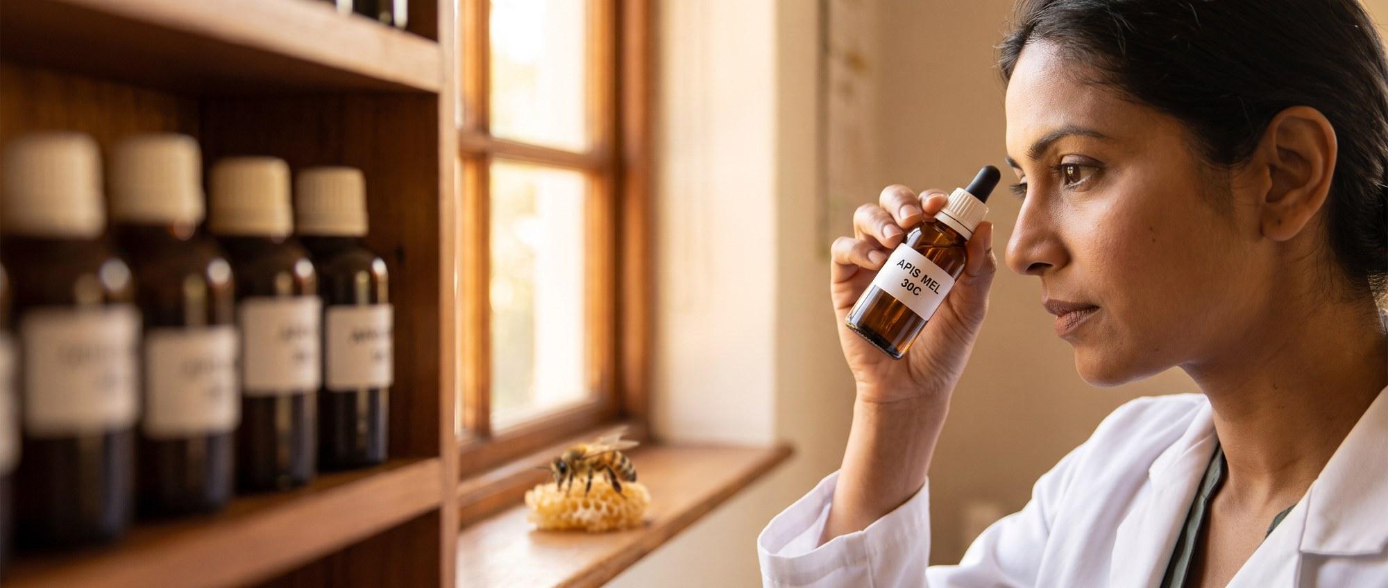 Homeopathy doctor examining a labeled Apis Mellifica 30C remedy vial with a honeybee resting on a small piece of honeycomb, apothecary shelf of medicine bottles in the background
